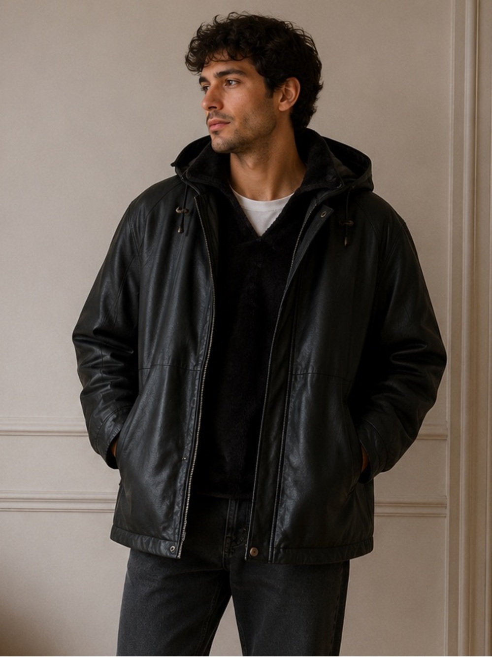 Vilanto Men's Black Leather Hooded Coat Size 3XL Zipper is not working